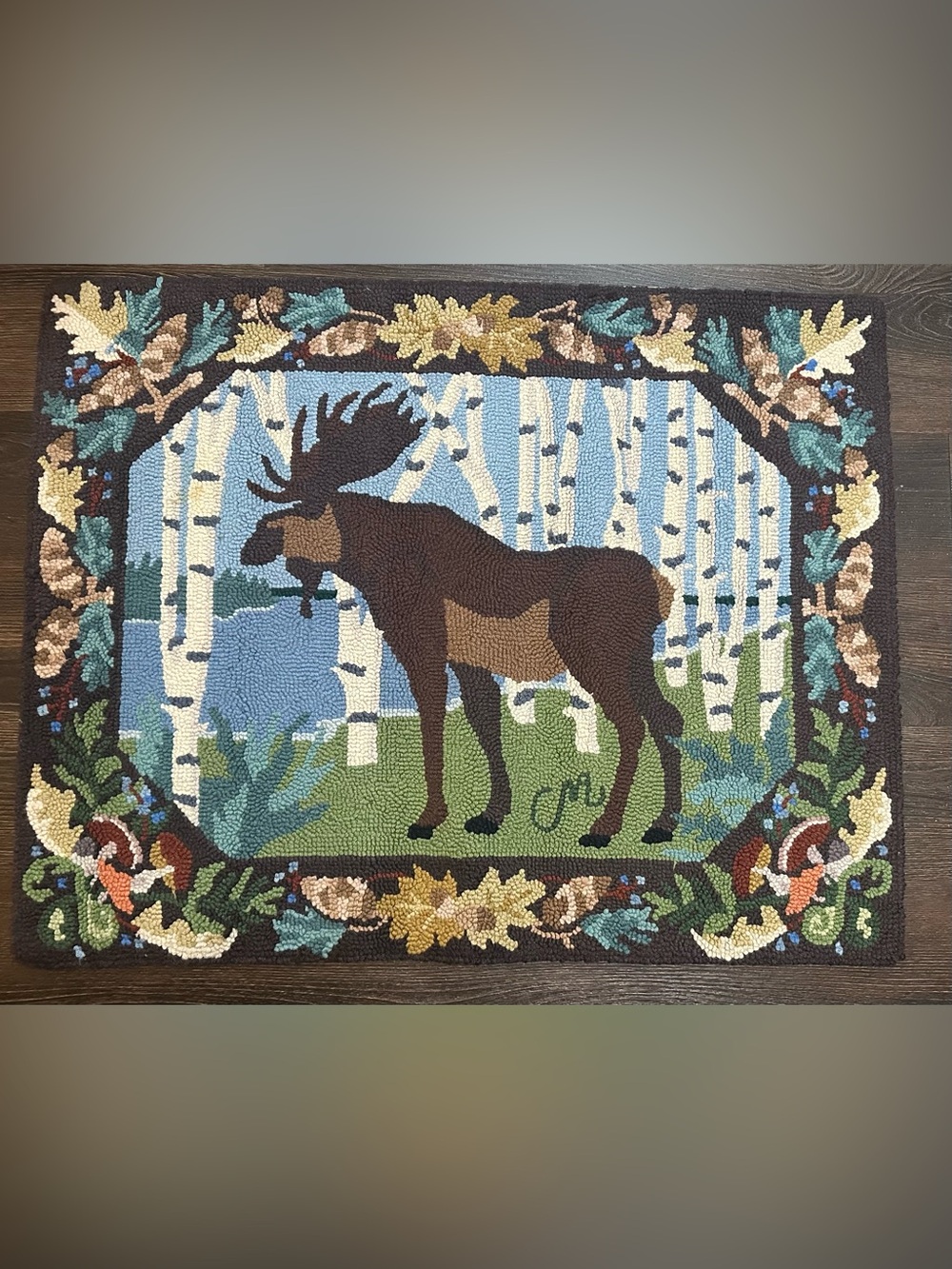 20th Century Hand Hooked Antique Rustic Brown Moose Hooked Wool Rug